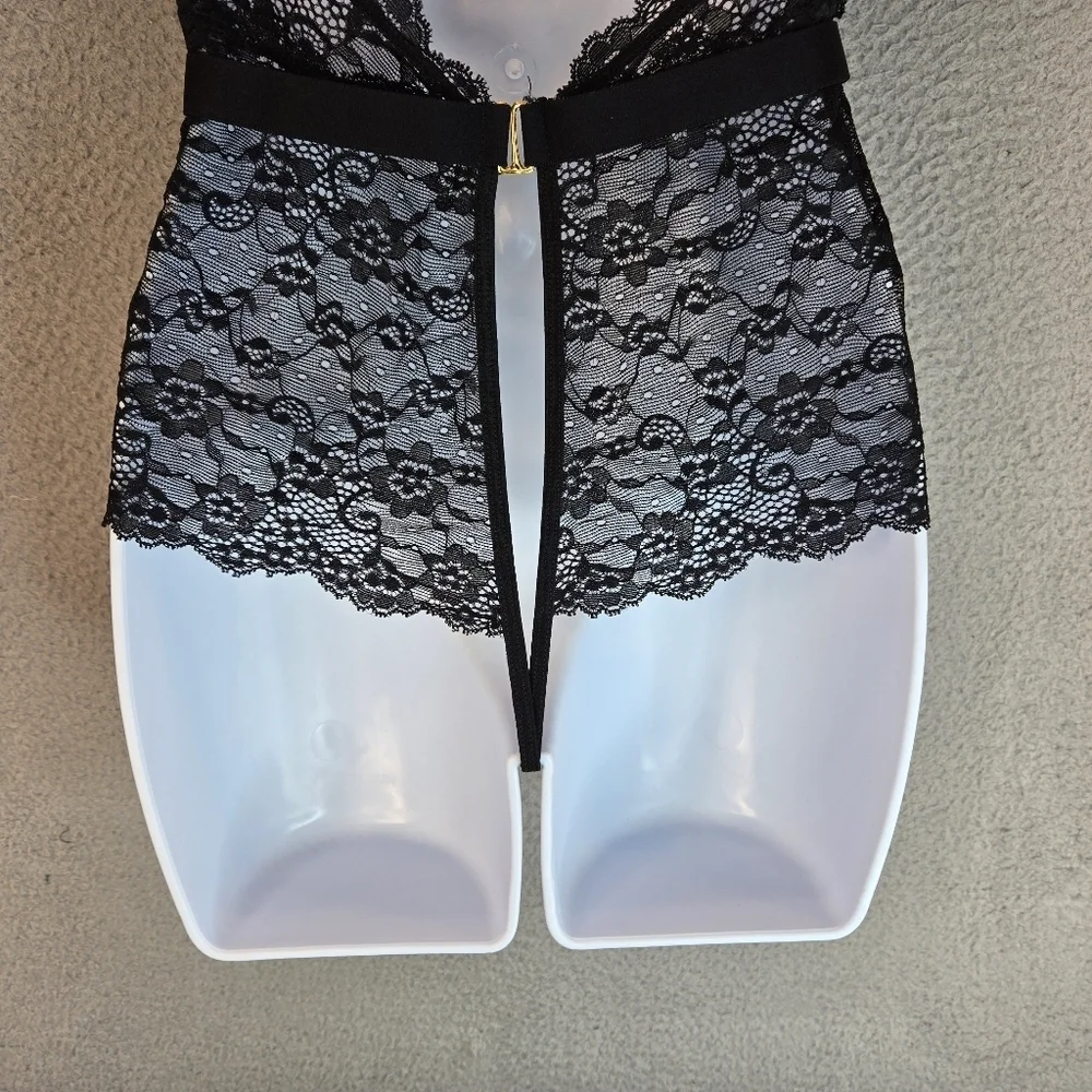 Mapale Womens Crotchless Bodysuit Lingerie Sz L Halter Tie Sexy Sheer